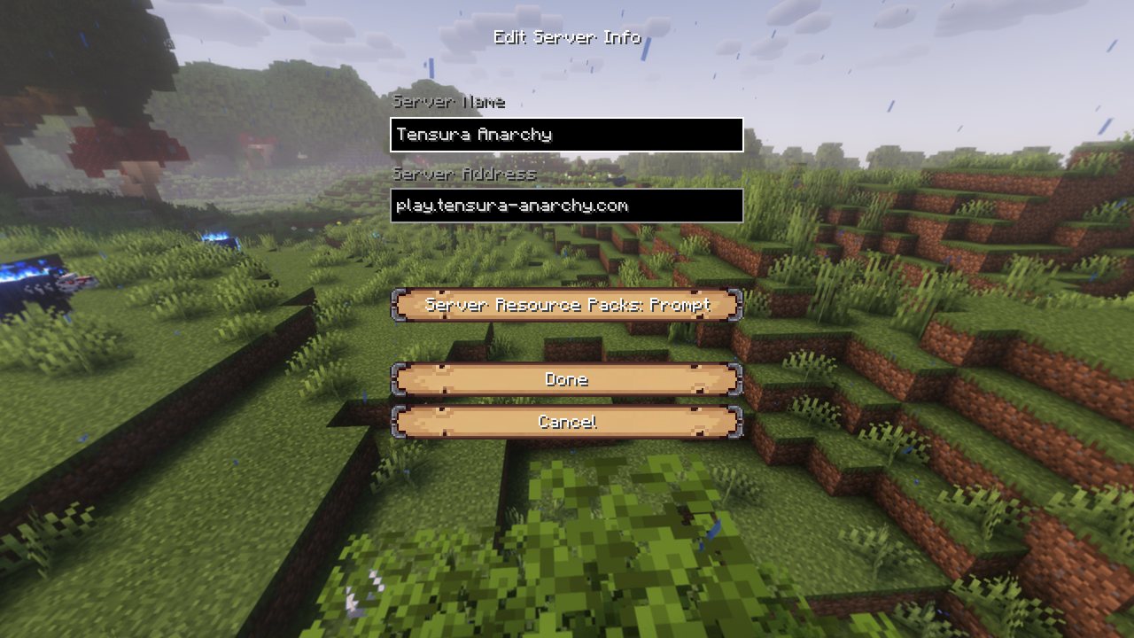 Minecraft's Edit Server Info screen with the name Tensura Anarchy, the address play.tensura-anarchy.com and Server Resource Packs set to Prompt.