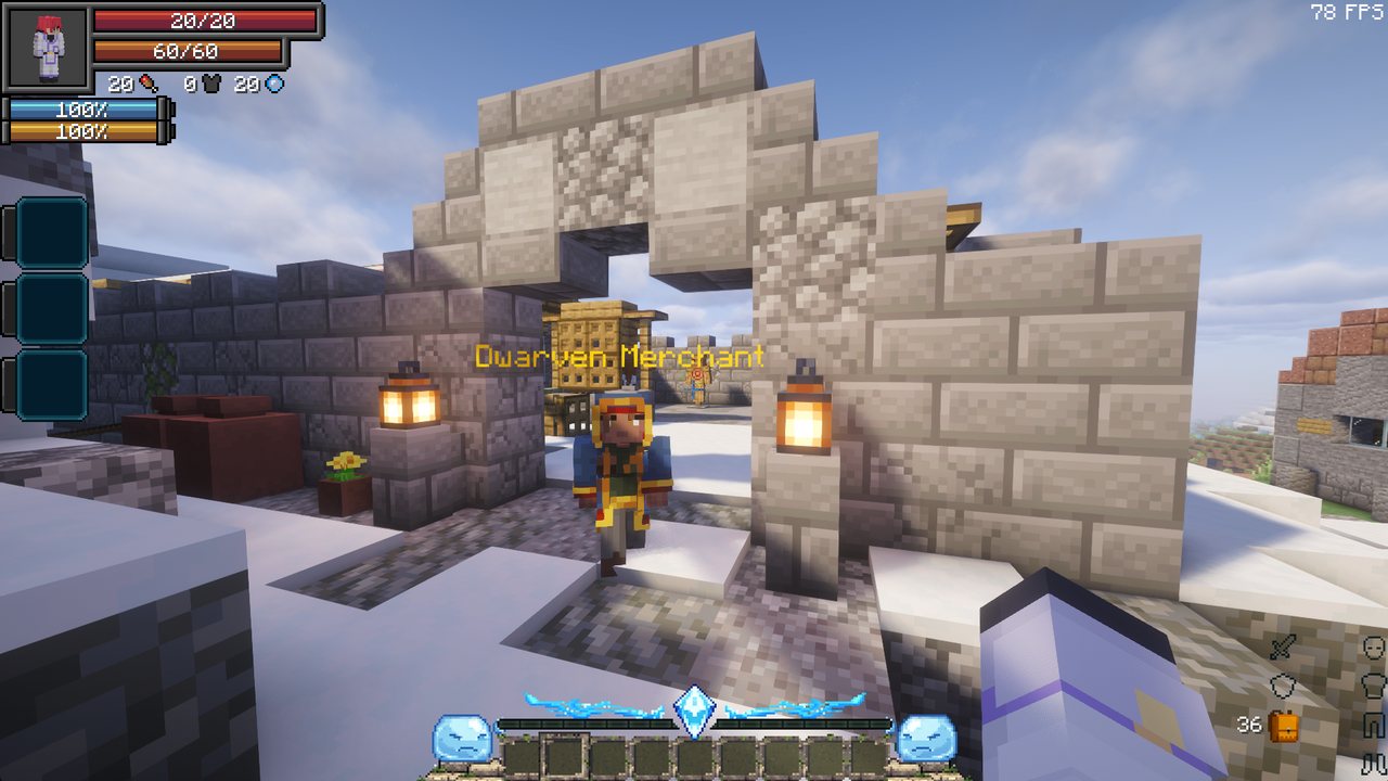 A Dwarven Merchant in a blue coat and orange hood, his name shown above him, standing in a stone gateway of a snowy Dwarven Village between two lanterns.
