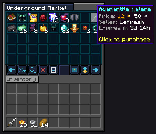 The Underground Market menu: rows of offered items, the control buttons below them, and the tooltip of an offer with its price, seller and remaining time.