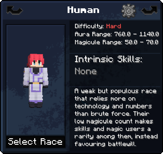 The reincarnation menu showing the Human race: difficulty Hard, aura and magicule ranges, no intrinsic skills, and a description.