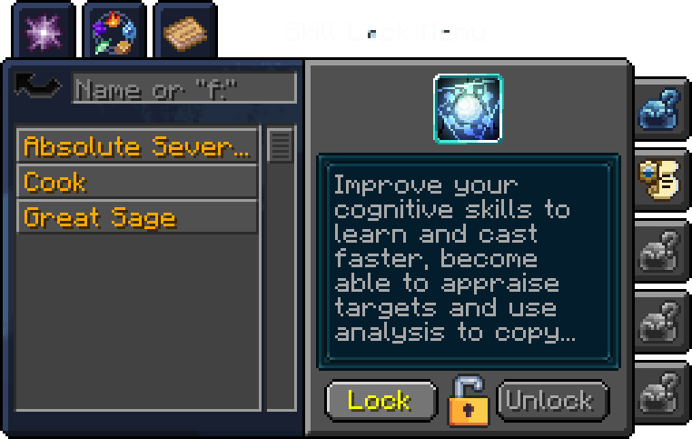 The Skill Lock menu: a searchable list of your skills on the left, the selected skill's icon and description on the right, and the Lock and Unlock buttons.